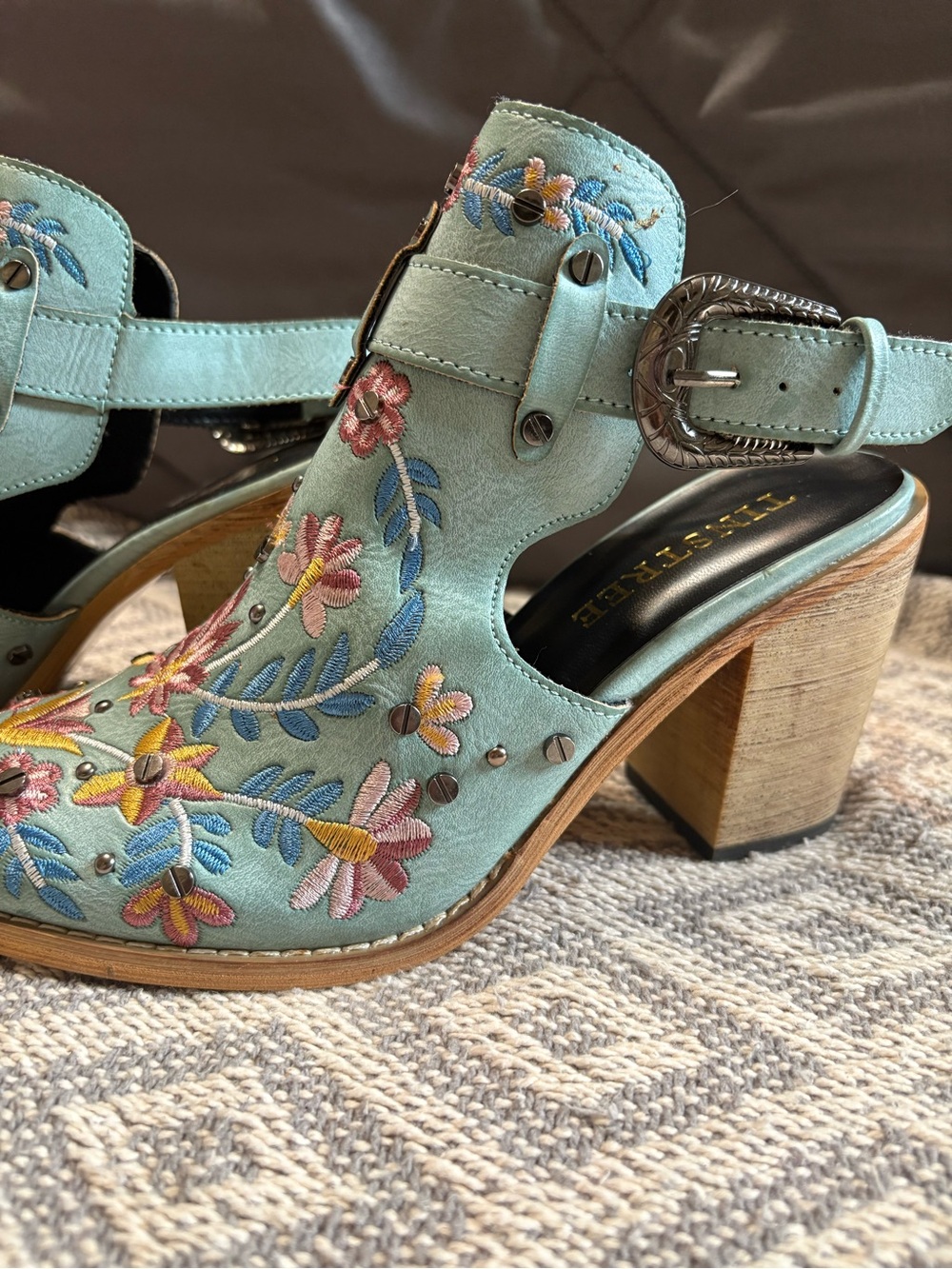 Tinstree Mint Green Floral Embroidered Studded Slingback Block Heel Booties